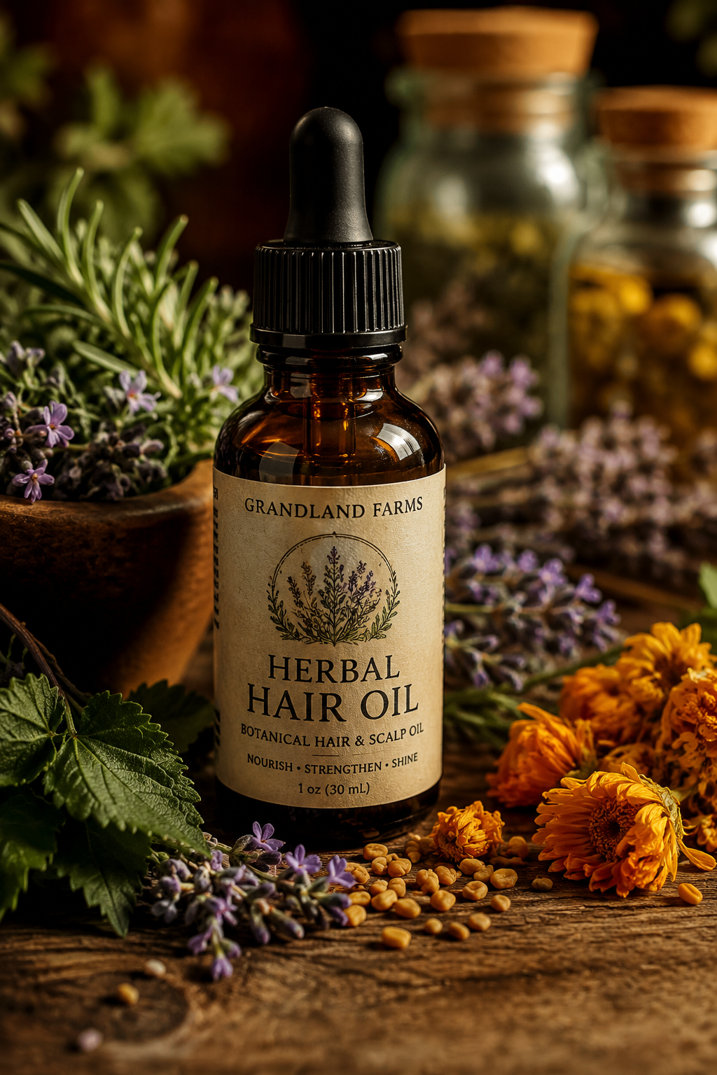 Grandland Farms Herbal Hair Oil | Botanical Hair & Scalp Oil | 1 oz (30 mL)